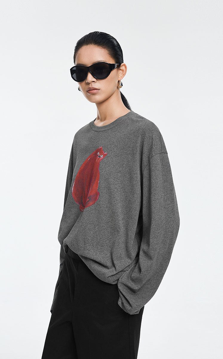 T-Shirt / JNBY Cotton Acrylic Cat Print Oversized Tee