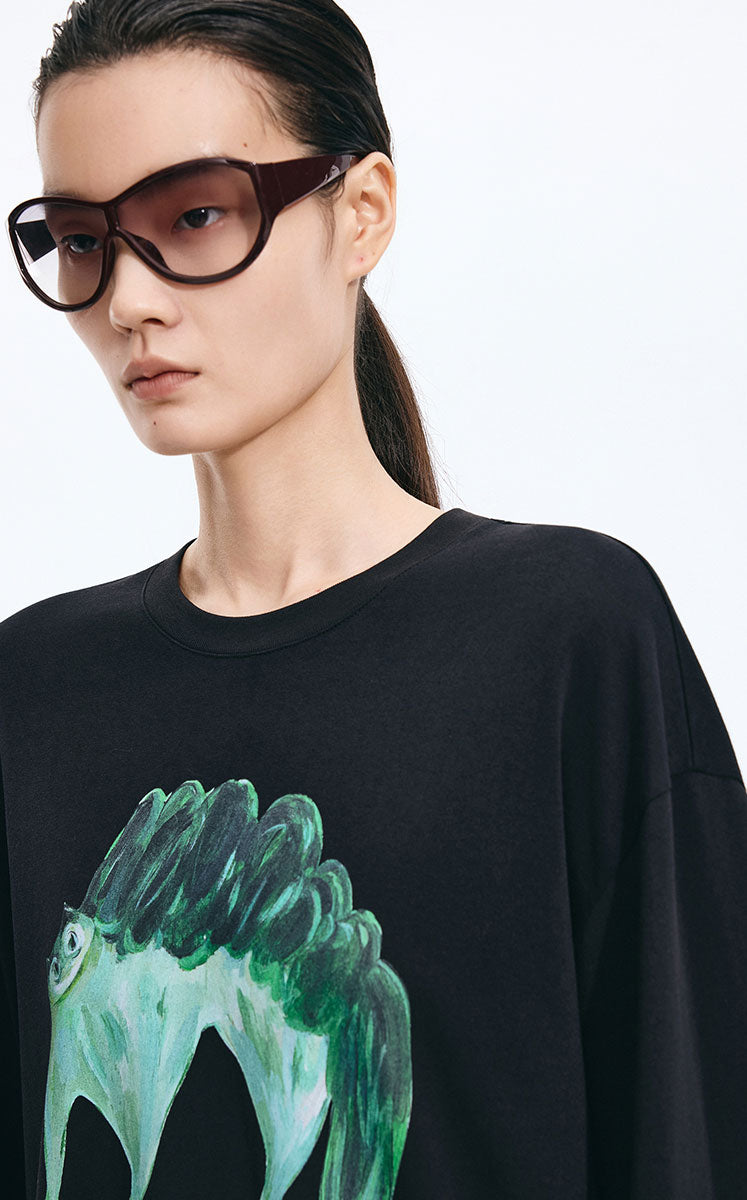 T-Shirt / JNBY Cotton Acrylic Cat Print Oversized Tee