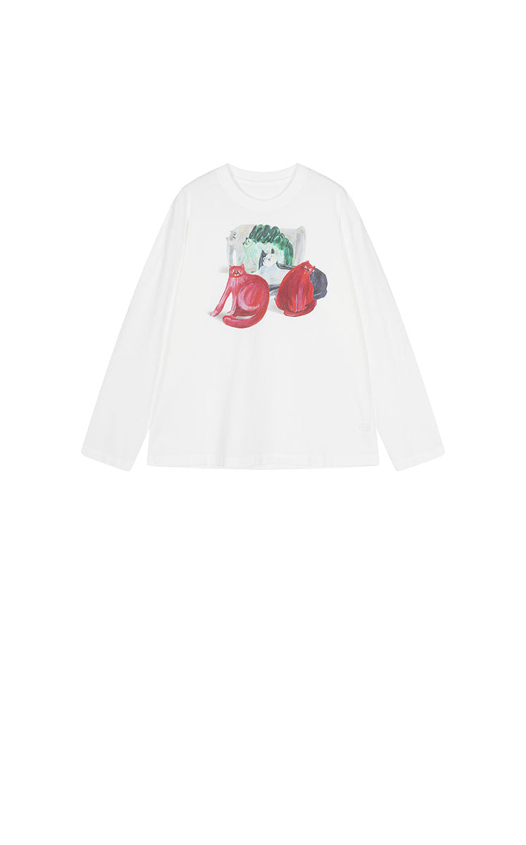 T-Shirt / JNBY Cotton Acrylic Cat Print Oversized Tee White