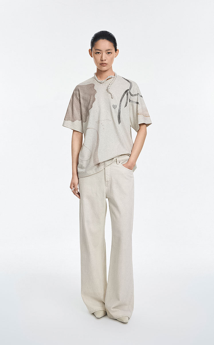 T-Shirt / JNBY Cotton Relaxed Fit Abstract Print Tee Light Heather Beige