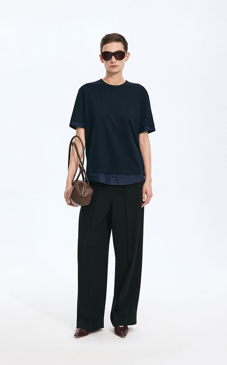 T-Shirt / JNBY Cotton Silk Panel Relaxed Tee Deep Navy