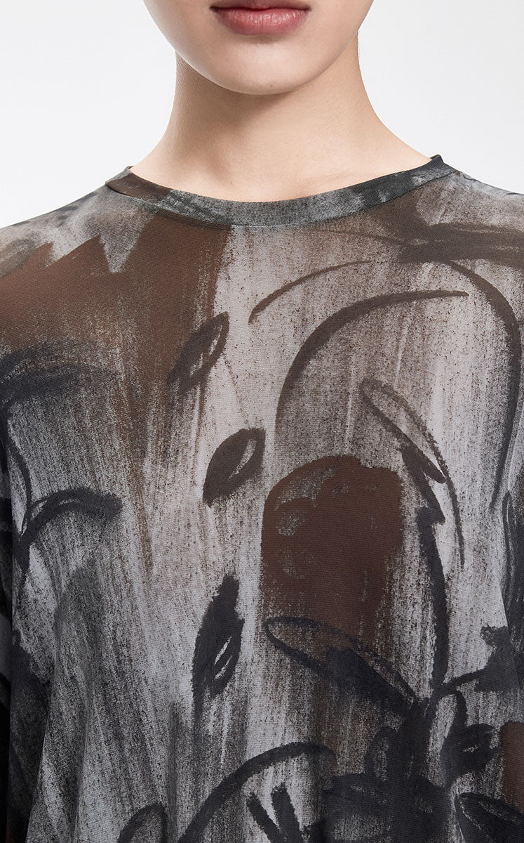 T-Shirt / JNBY Nylon Mesh Rose Print Oversized Tee
