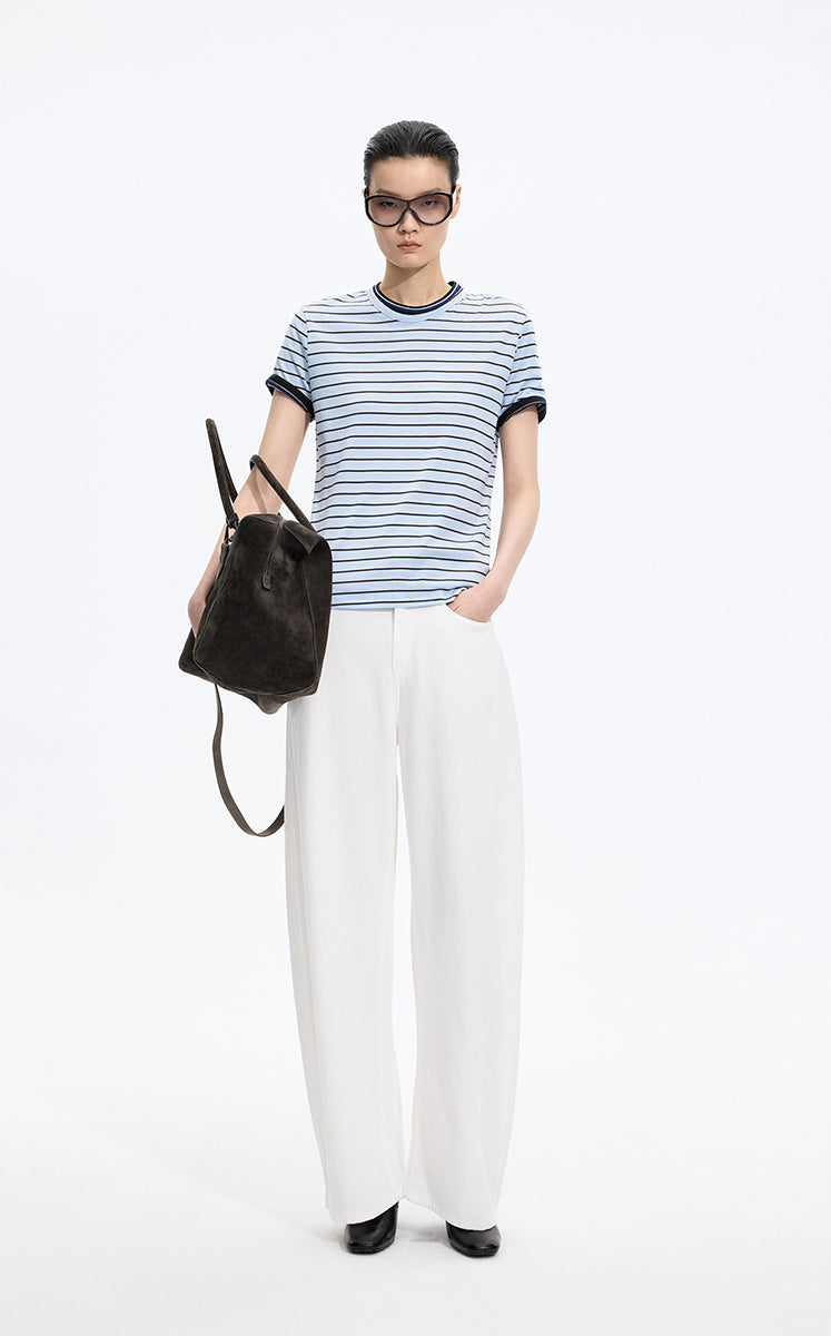 T-Shirt / JNBY Silk Cotton Blend Striped Tee Blue Coffee Stripe