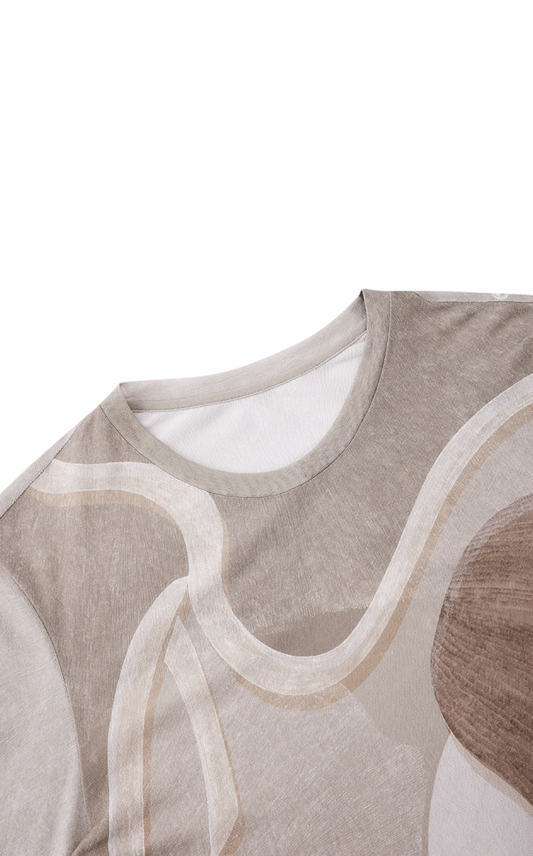 T-Shirt / JNBY Abstract Print Stretch Mesh Slim Fit Top Beige Khaki Assortment-1