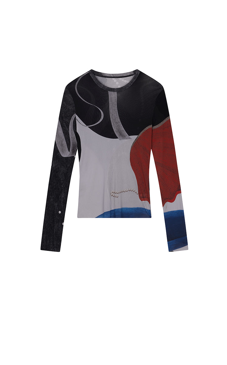 T-Shirt / JNBY Abstract Print Stretch Mesh Slim Fit Top Red Black Assortment-2