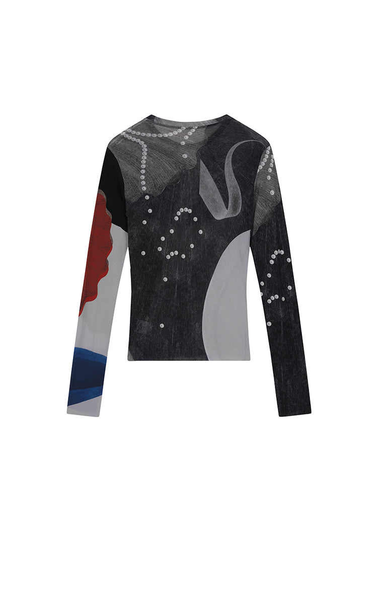 T-Shirt / JNBY Abstract Print Stretch Mesh Slim Fit Top Red Black Assortment-2