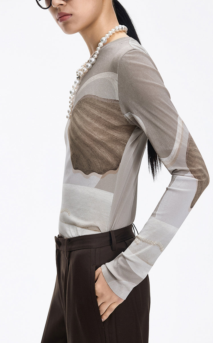 T-Shirt / JNBY Abstract Print Stretch Mesh Slim Fit Top Beige Khaki Assortment-1