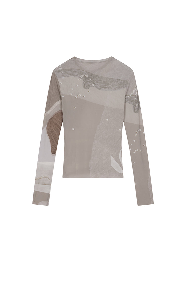 T-Shirt / JNBY Abstract Print Stretch Mesh Slim Fit Top Beige Khaki Assortment-1
