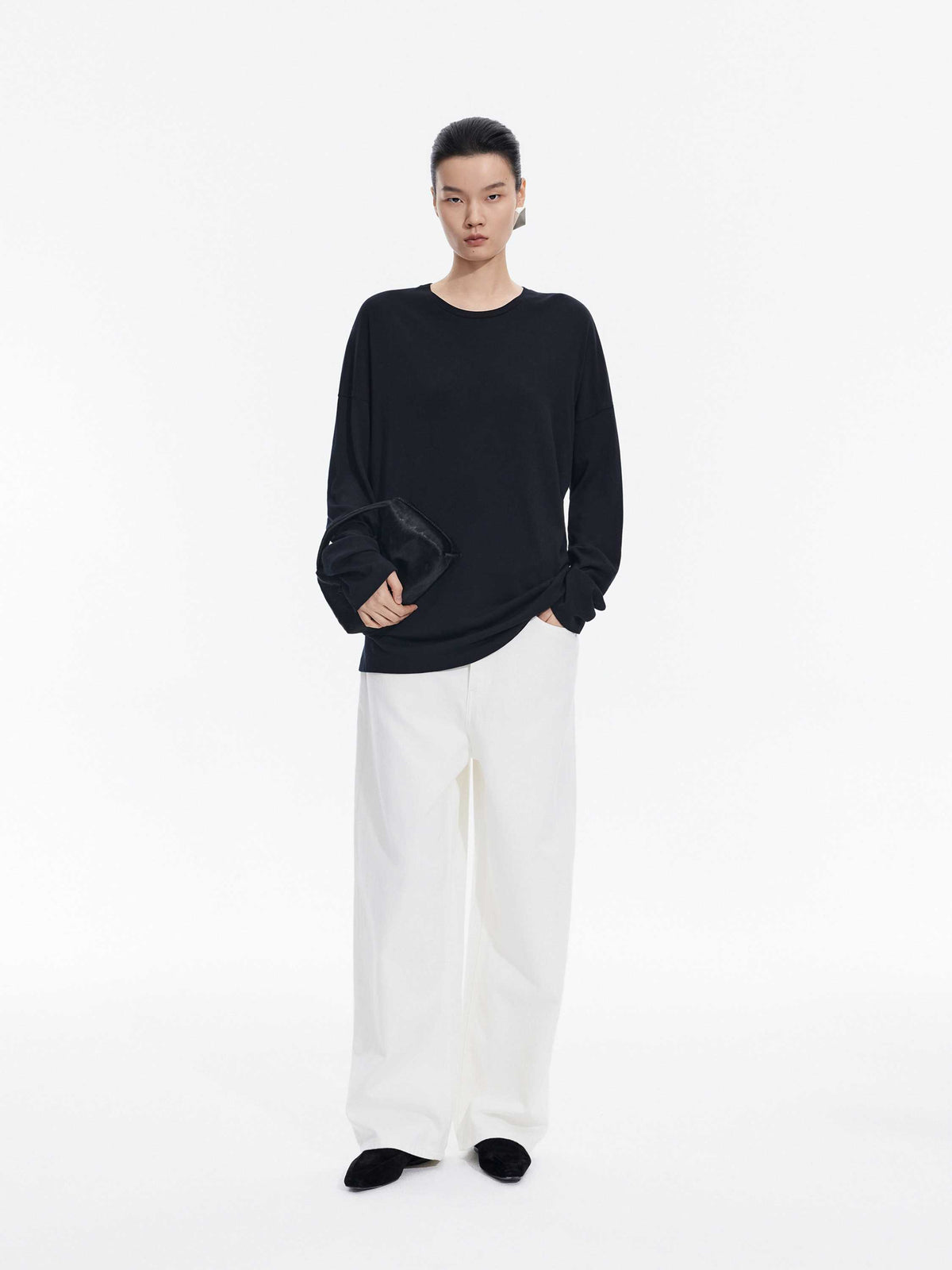 T-Shirt / JNBY Cotton Lyocell Cashmere Blend Oversized Long Sleeve Tee Black Navy-2