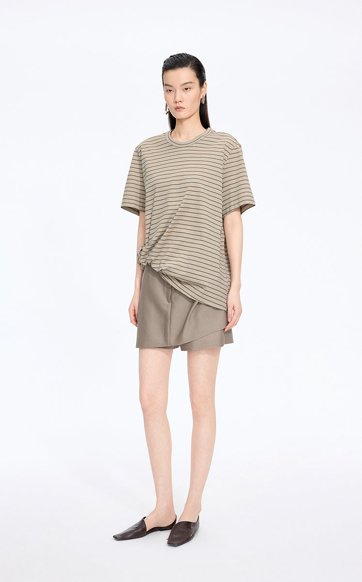 T-Shirt / JNBY Draped Pleated Hem Cotton T-Shirt Khaki Check/Stripe-1