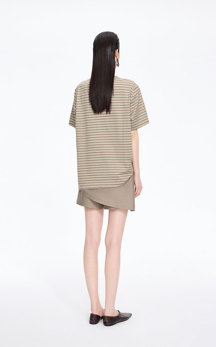 T-Shirt / JNBY Draped Pleated Hem Cotton T-Shirt Khaki Check/Stripe-1