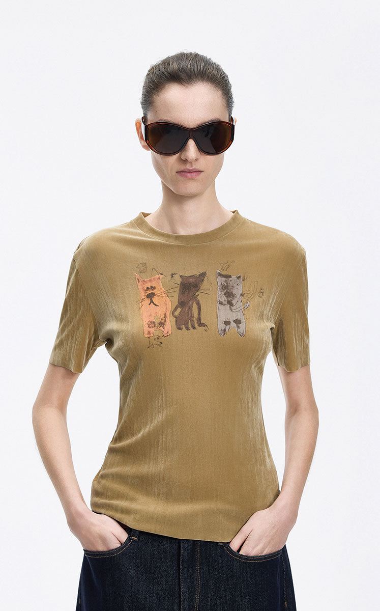 T-Shirt / JNBY Flocked Mesh Graphic Tee Yellow Khaki-1