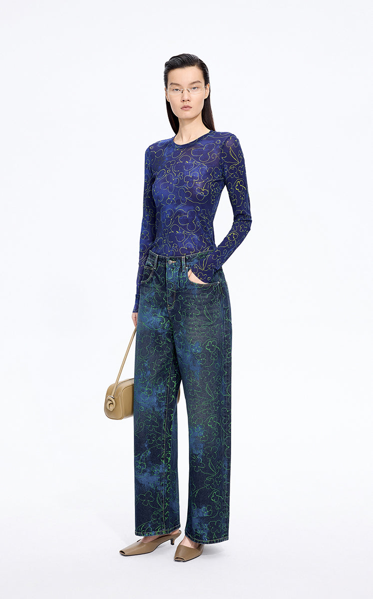 T-Shirt / JNBY Floral Print Stretch Slim Long Sleeve Tee Navy-1