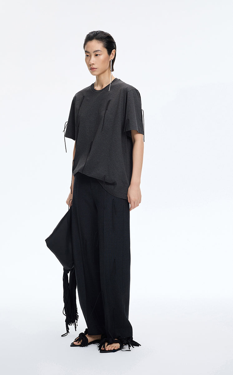 T-Shirt / JNBY Fringe Cotton Oversized T-Shirt Grey Marl-1