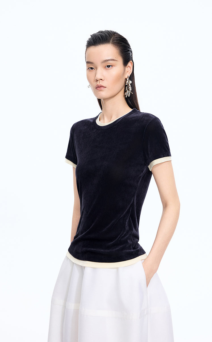 T-Shirt / JNBY Layered Slim-Fit Flocked T-Shirt Dark Navy Tone-2