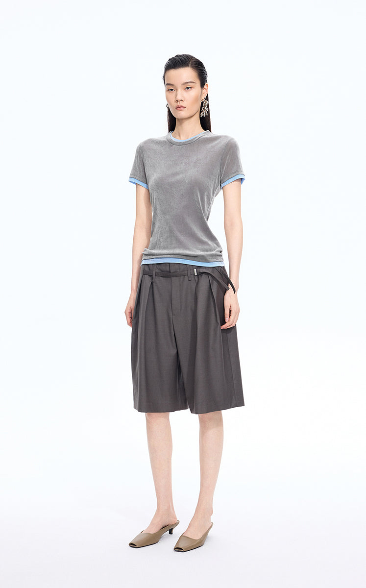 T-Shirt / JNBY Layered Slim-Fit Flocked T-Shirt Grey Blue Tone-3