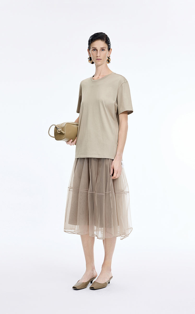 T-Shirt / JNBY Mercerized Cotton Longline T-Shirt Taupe-1