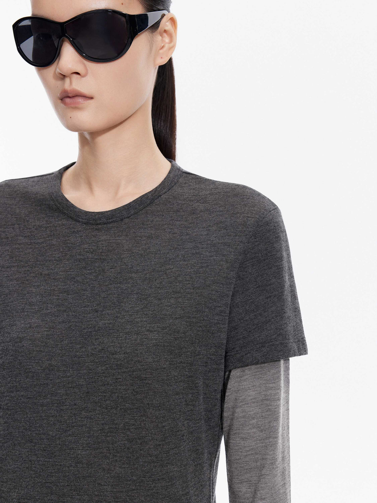 T-Shirt / JNBY Merino Wool Blend Crew Neck Top Dark Heather Grey-2