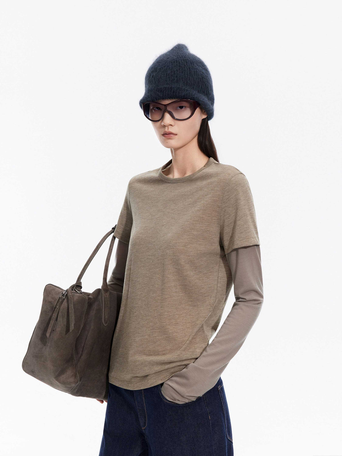 T-Shirt / JNBY Merino Wool Blend Crew Neck Top Khaki-1