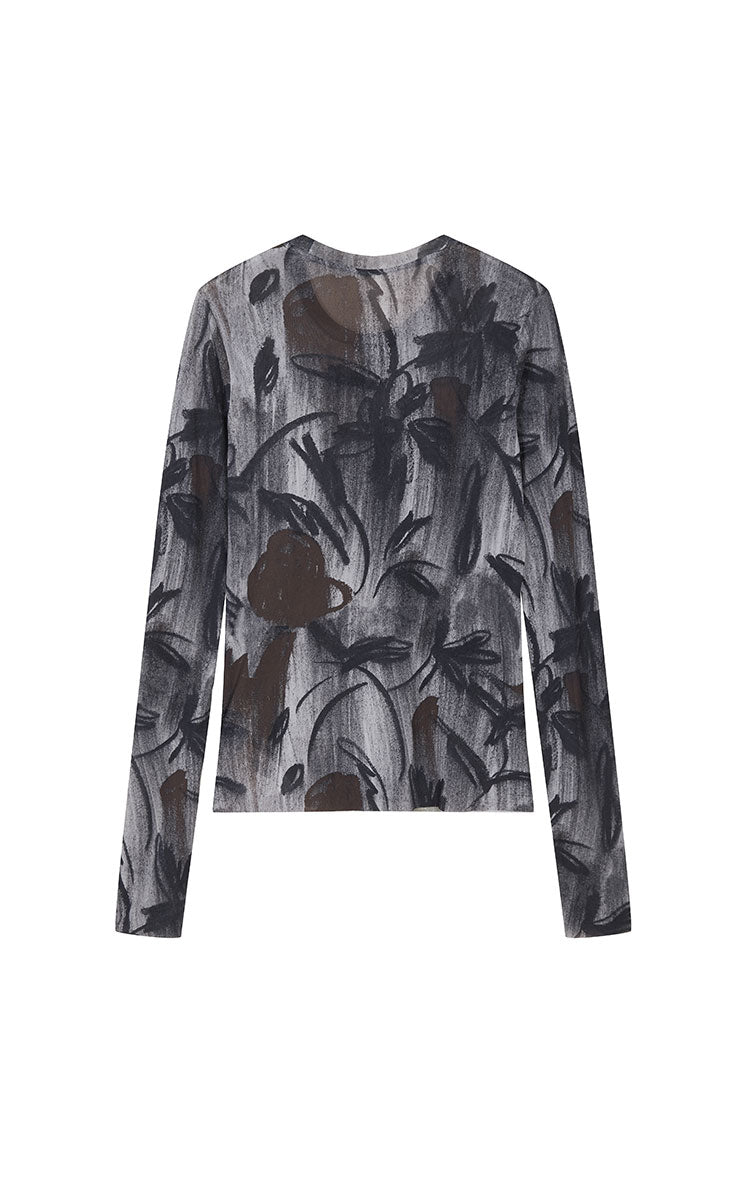 T-Shirt / JNBY Mesh Rose Print Slim Fit Long Sleeve Top Grey Assortment-1