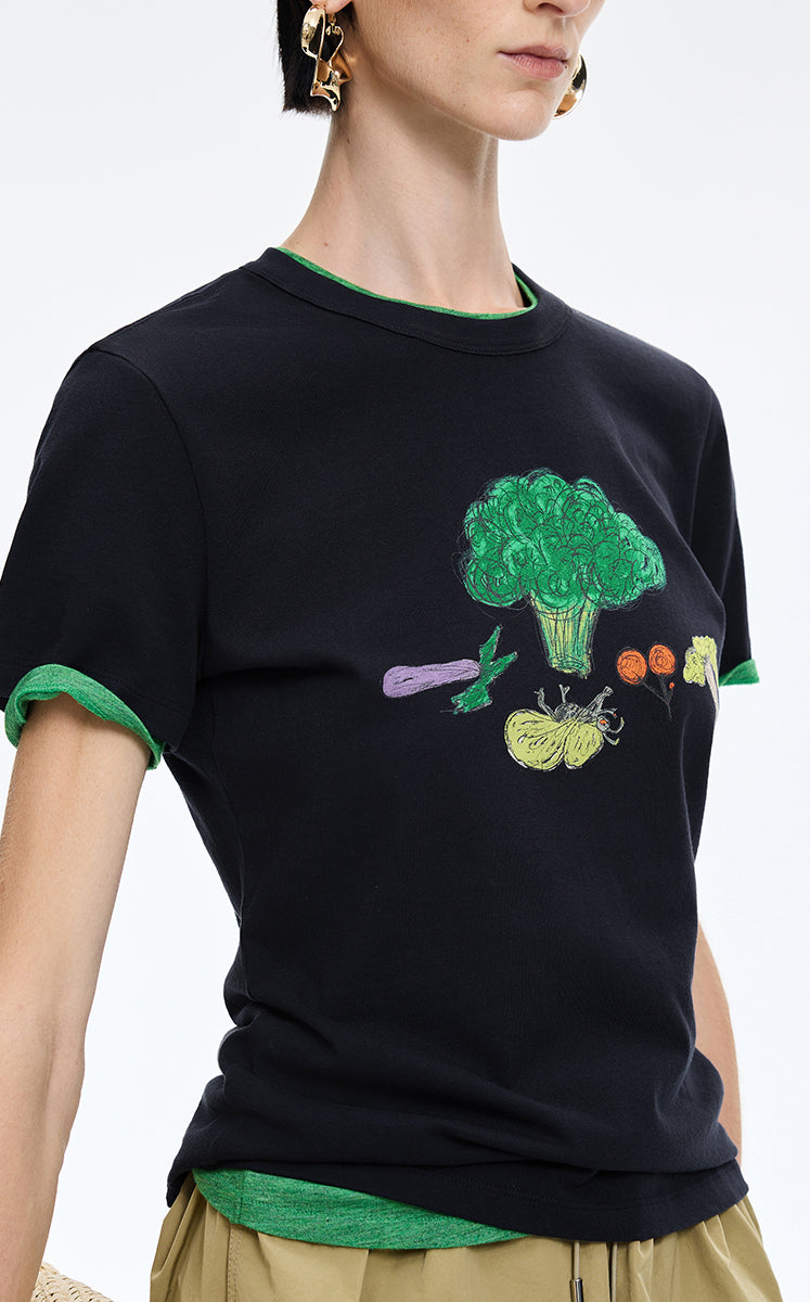T-Shirt / JNBY Vegetable Print Cotton T-Shirt Black Navy-1