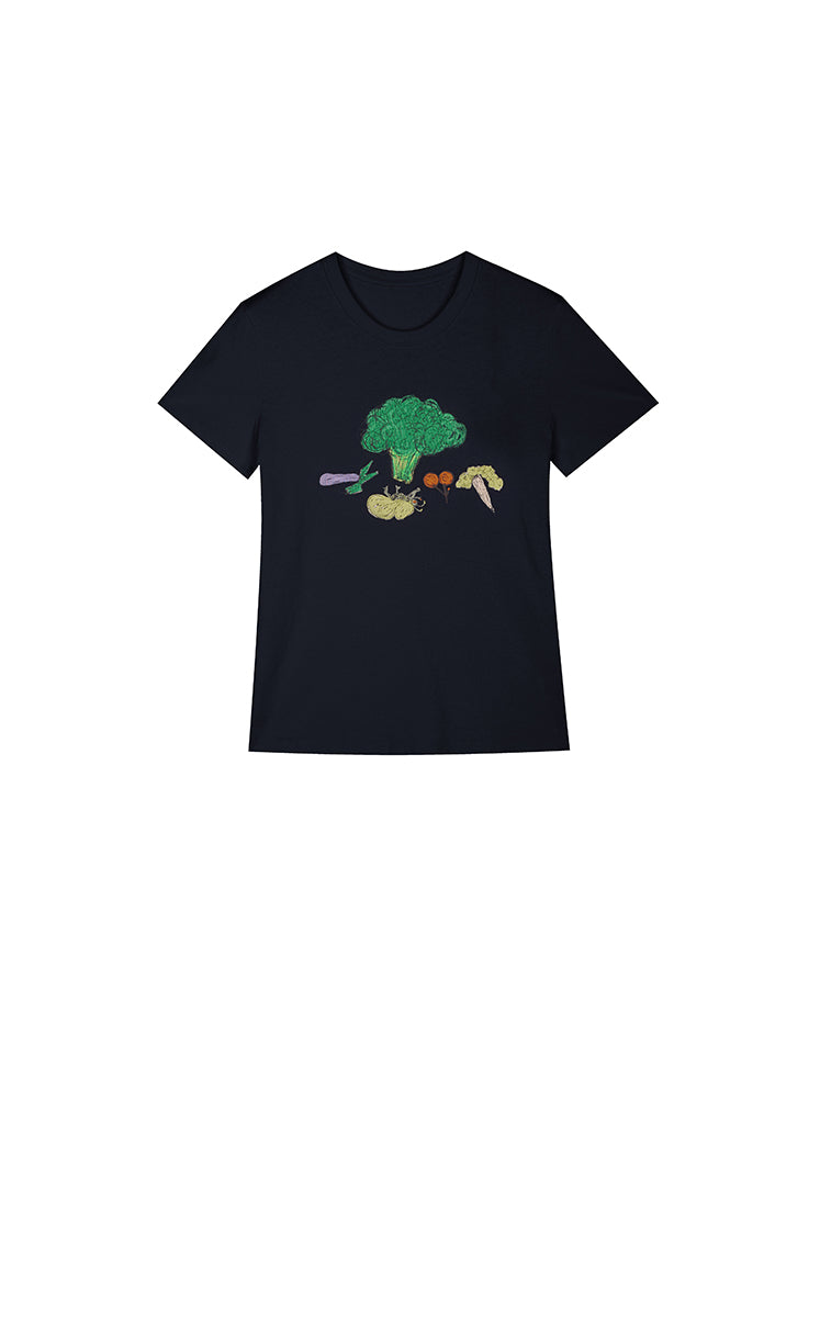 T-Shirt / JNBY Vegetable Print Cotton T-Shirt Black Navy-1