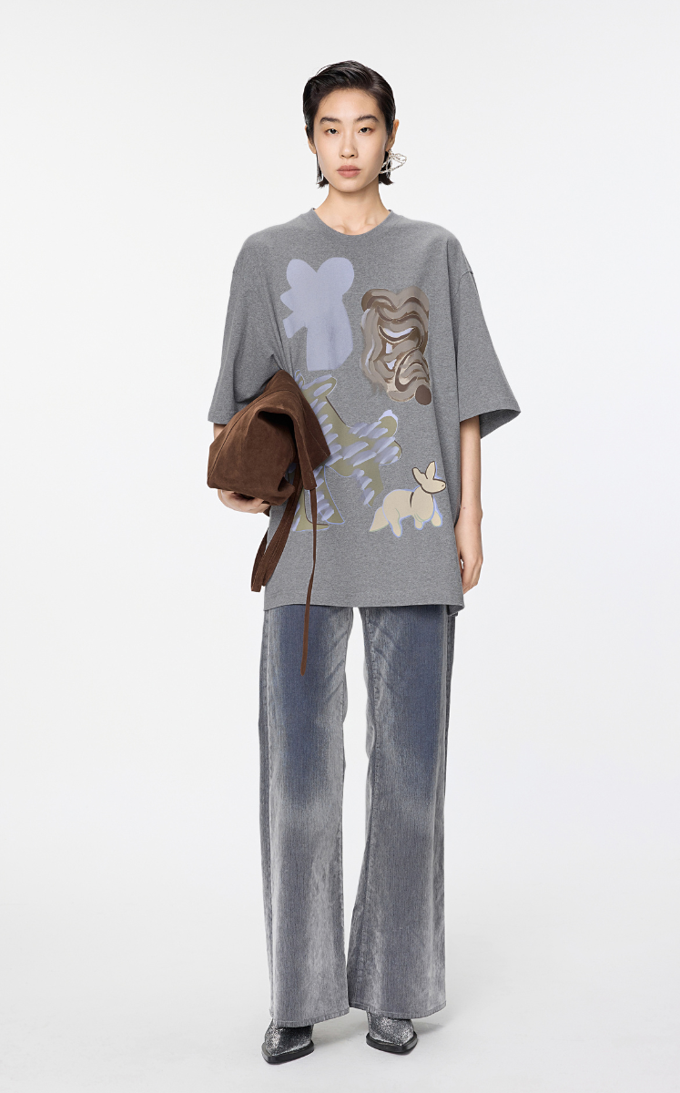 T-shirt / JNBY Oversized Chic Cat Graphic T-Shirt Grey