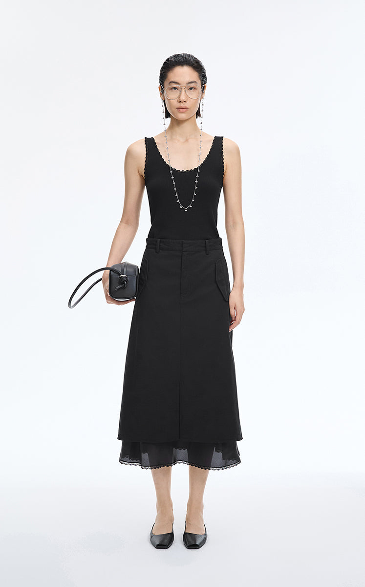 Tank Top / JNBY Lace Trim Cotton Knit Camisole Black