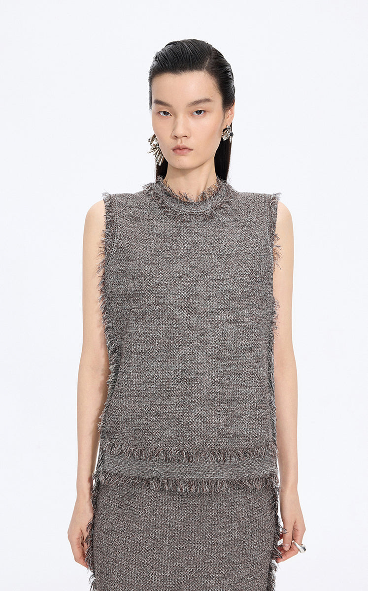 Tank Top / JNBY Fringe Trim Cotton Knit Vest Brown Marl-3