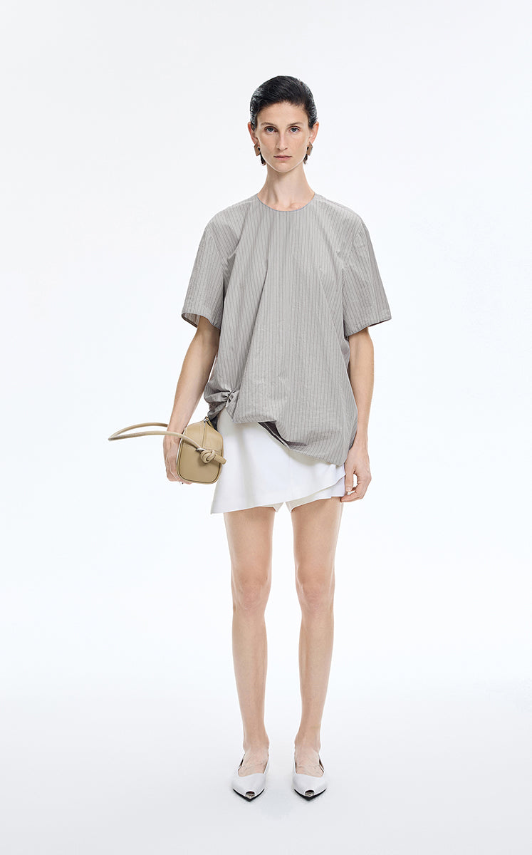 Top / JNBY Cotton Poplin Pleated Hem Short Sleeve Shirt Grey Base Blue Stripe Check