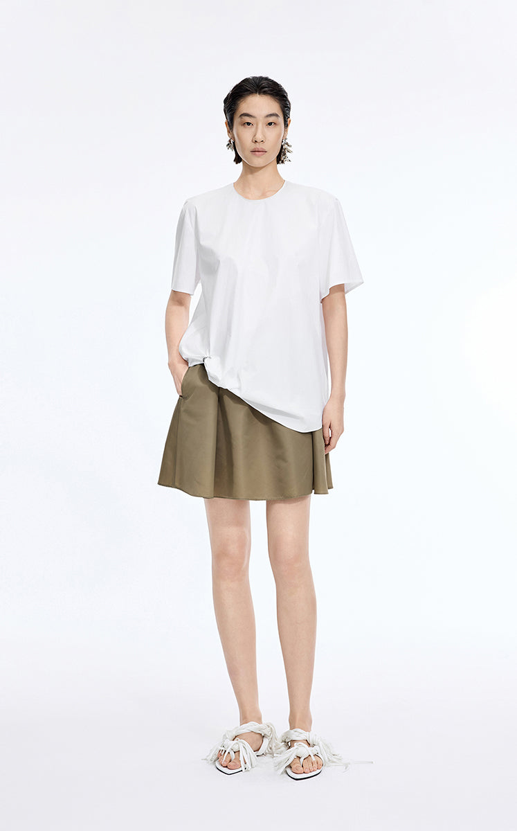 Top / JNBY Cotton Poplin Pleated Hem Short Sleeve Shirt Ecru