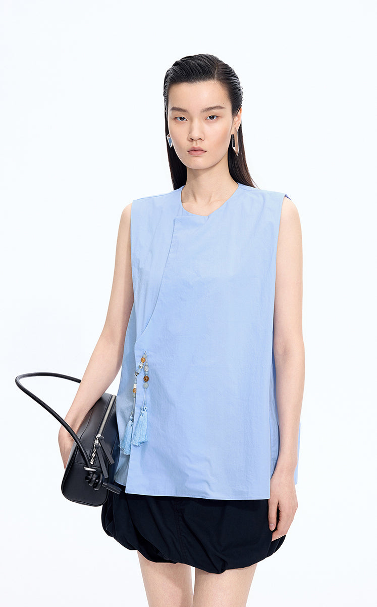 Top / JNBY Cotton Frog-Button Sleeveless Top Light Blue-1