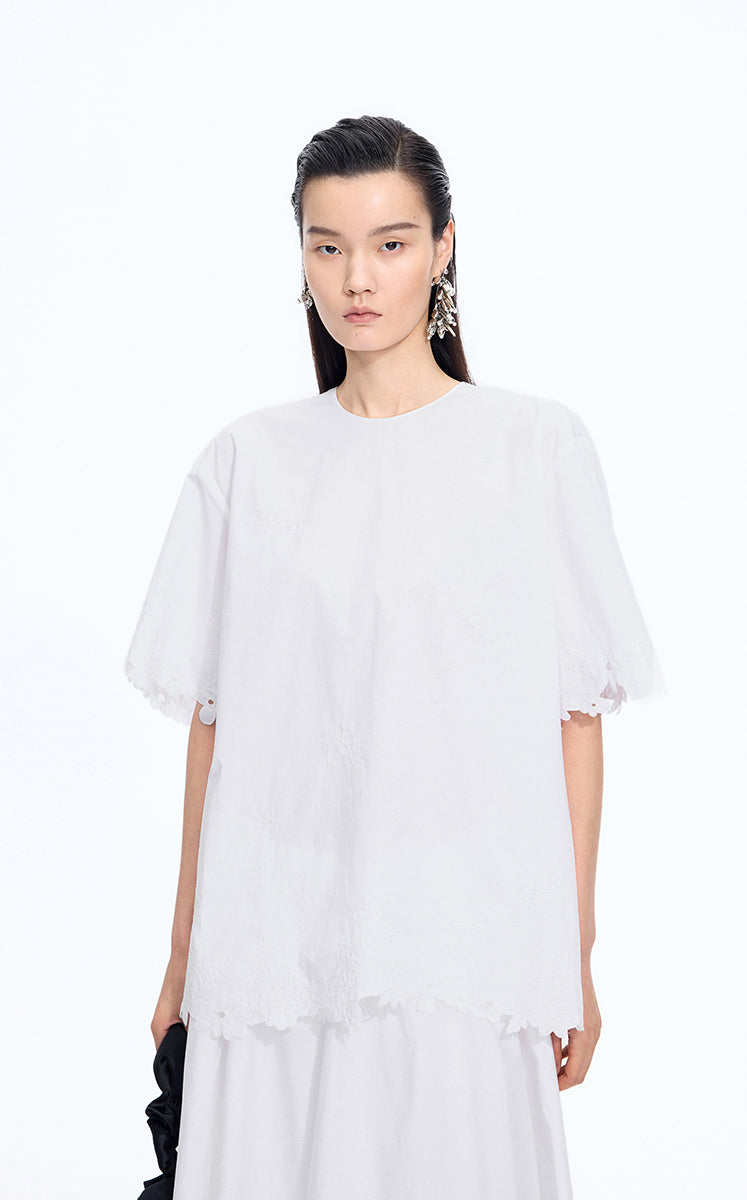 Top / JNBY Oversized Embroidered Cotton T-Shirt Ecru-2