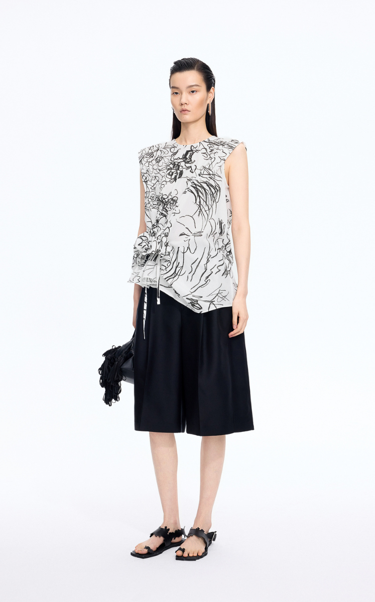 Top / JNBY Printed Cotton Sleeveless Structured Top Black Marl-1