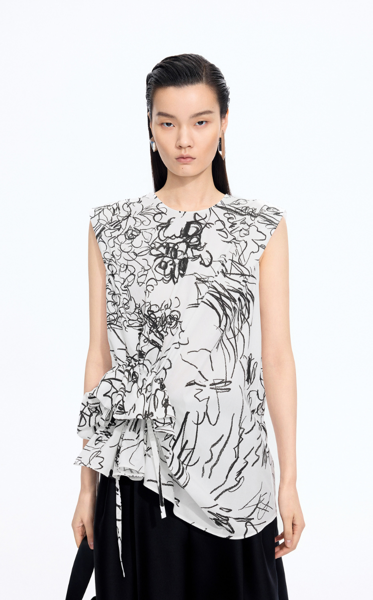 Top / JNBY Printed Cotton Sleeveless Structured Top Black Marl-1