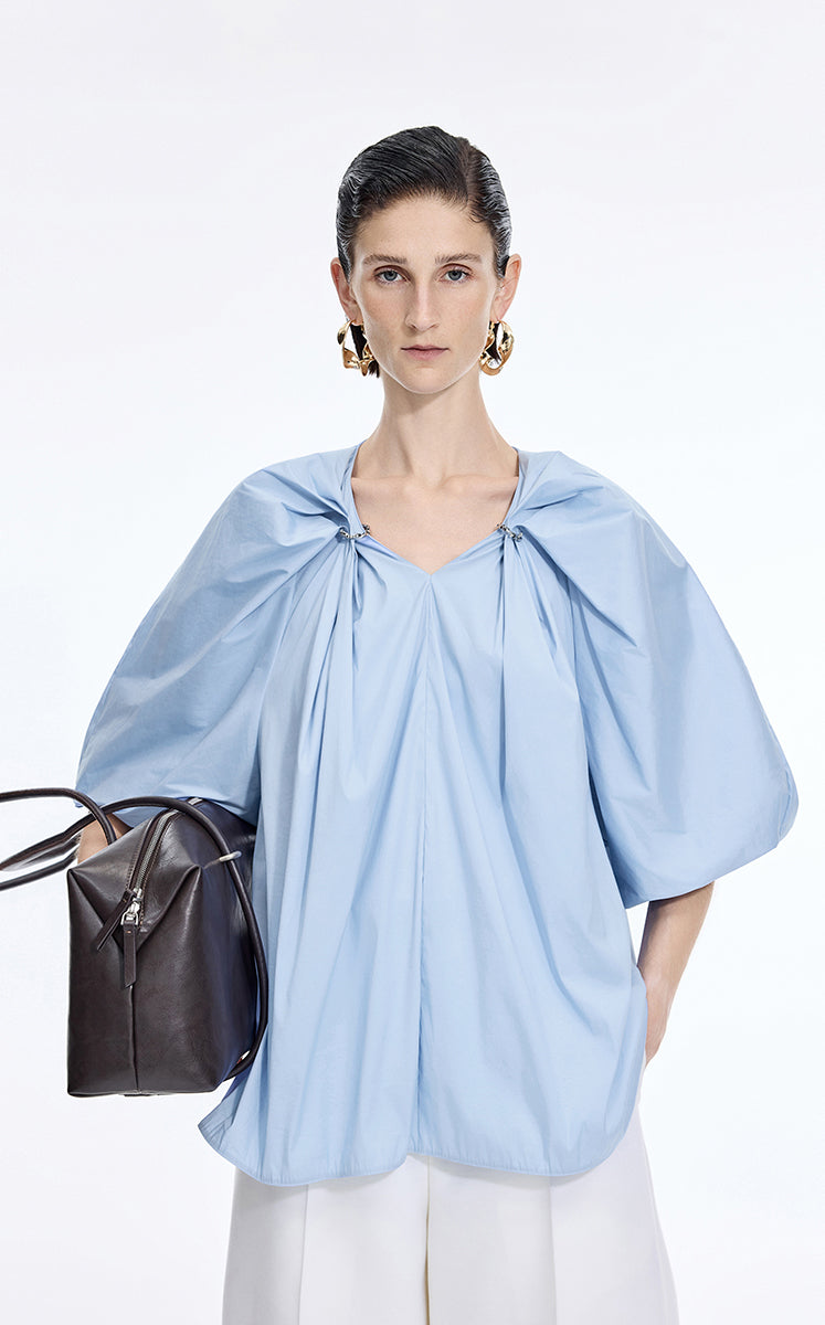 Top / JNBY Stretch Cotton Poplin V-Neck Shirt Light Blue-2
