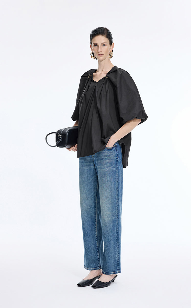 Top / JNBY Stretch Cotton Poplin V-Neck Shirt Black-3