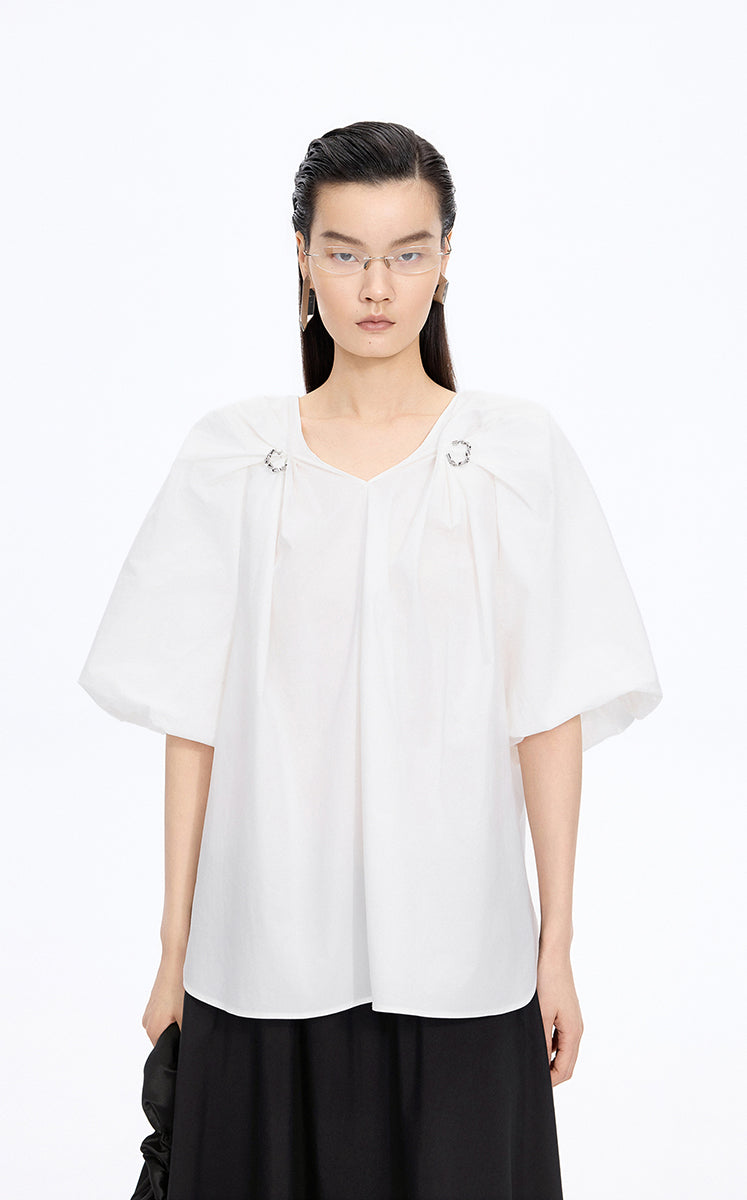 Top / JNBY Stretch Cotton Poplin V-Neck Shirt Off White-1