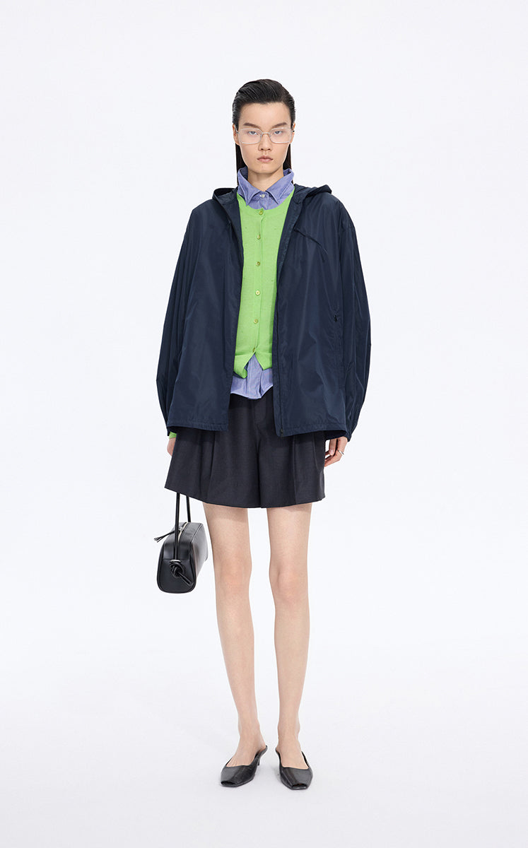 Trench Coat / JNBY Taffeta Oversized Hooded Short Trench Black Navy