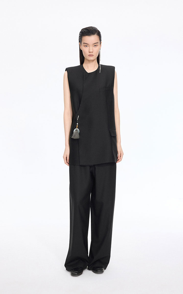 Vest / JNBY Crew Neck Wool Silk Blend Mid-Length Vest Black