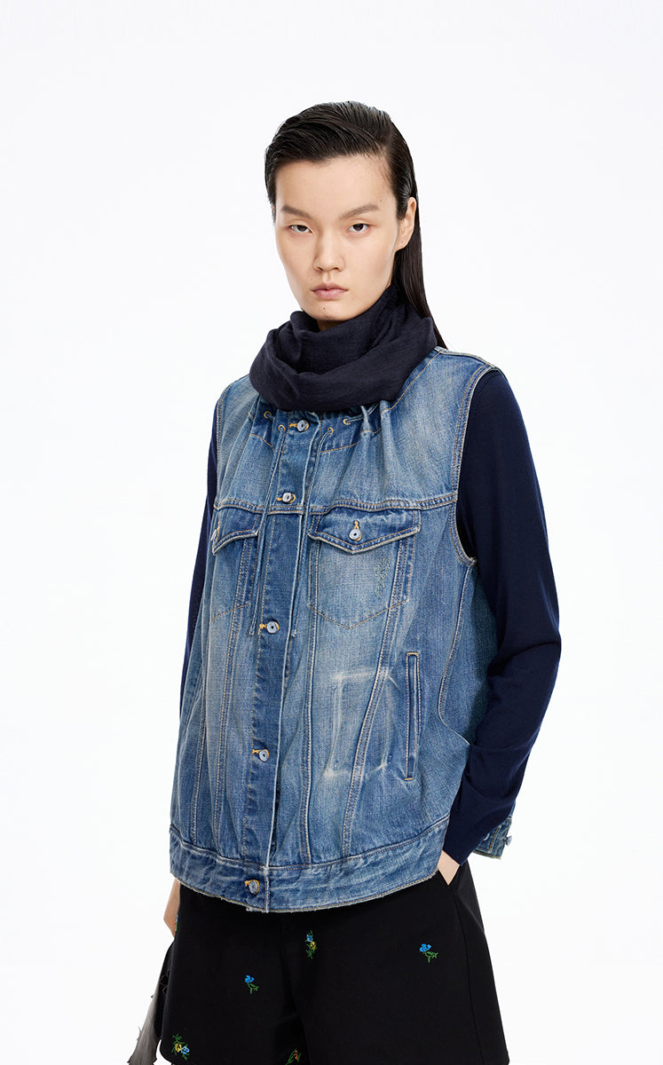 Vest / JNBY Drawstring Denim Mid-Length Vest Washed Denim Blue-2