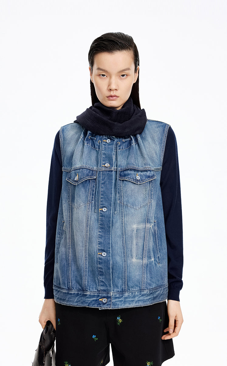 Vest / JNBY Drawstring Denim Mid-Length Vest Washed Denim Blue-2