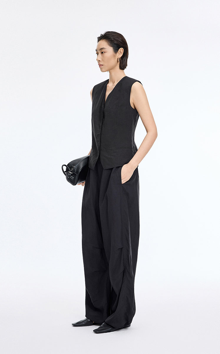 Vest / JNBY Textured Linen Blend Cropped Vest Black-2