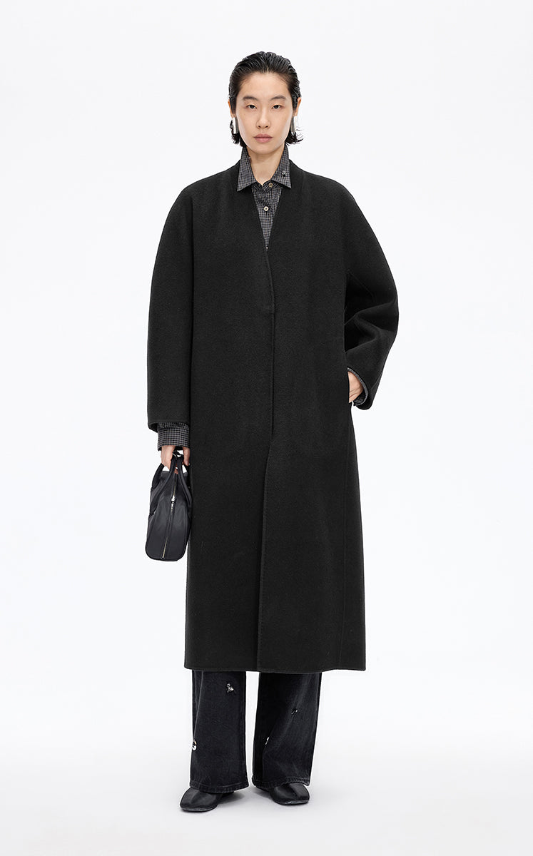 Coat / JNBY Collarless Longline Wool Double-Face Coat Black