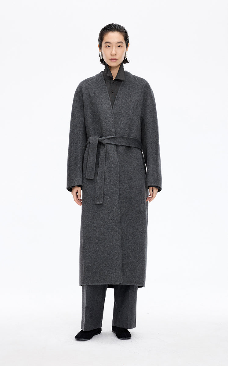 Coat / JNBY Collarless Longline Wool Double-Face Coat Grey