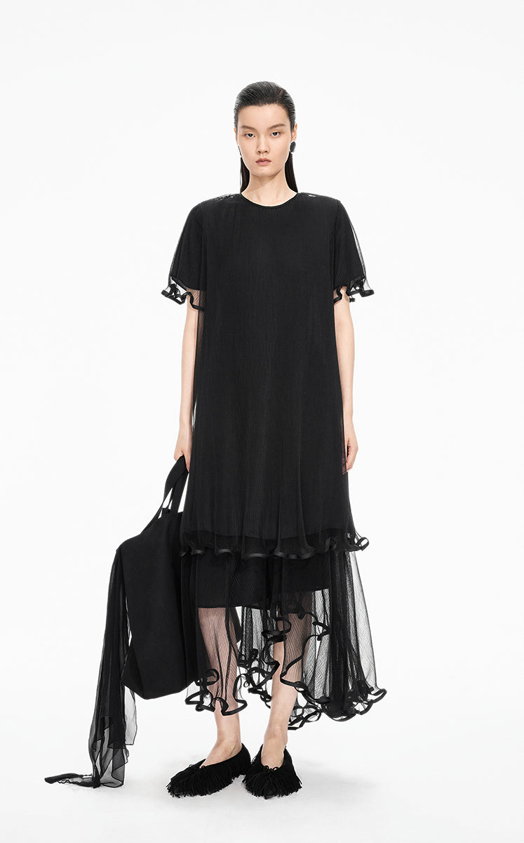 Dress / JNBY Pleated Mesh A-Line Short Sleeve Dress Black
