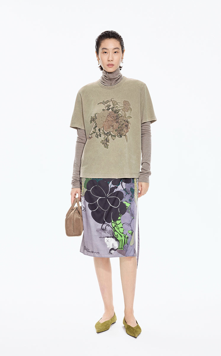 T-Shirt / JNBY Peony Shadow Print Cotton Tee Light gray khaki