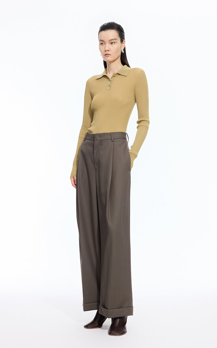 Pants / JNBY Wool Jacquard Cuffed Wide-Leg Pants