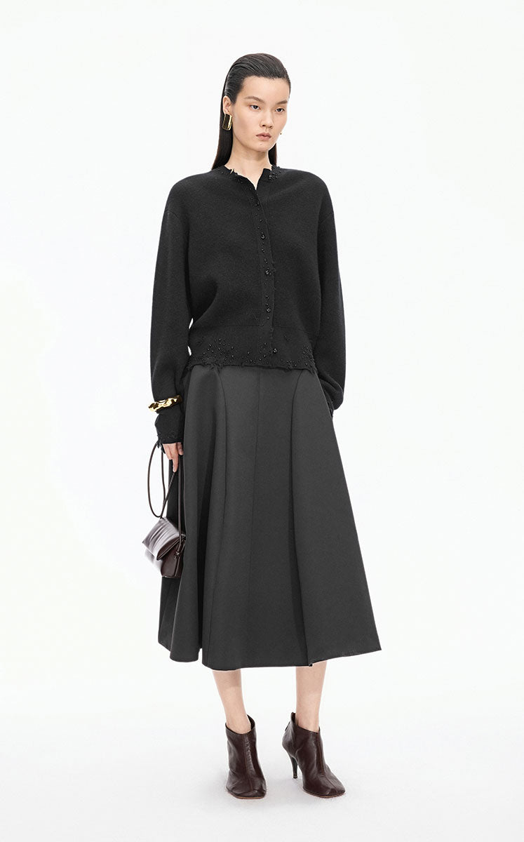 Sweater / JNBY Beaded Trim Cashmere-Wool Blend Cardigan Black