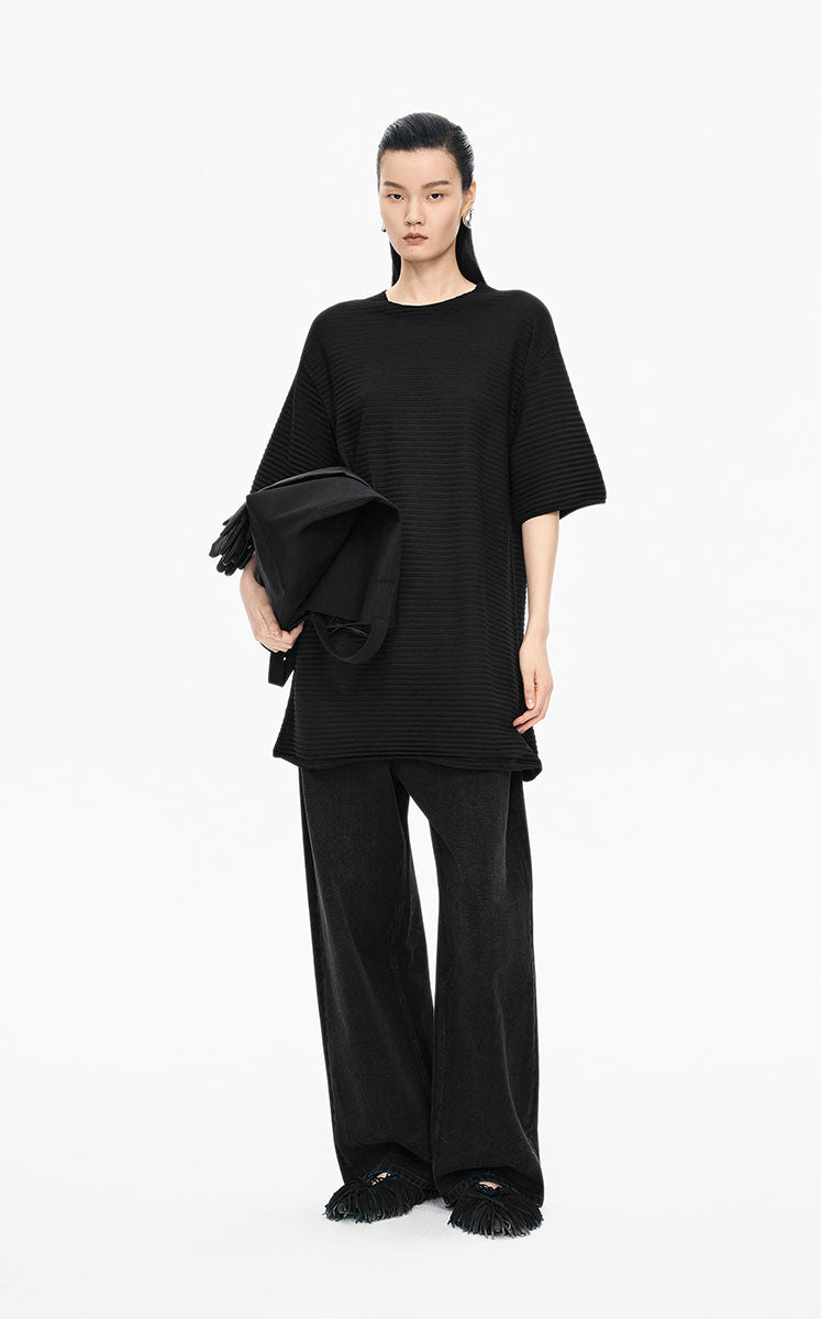 Sweater / JNBY Wool Blend Pintuck Short Sleeve Pullover Black